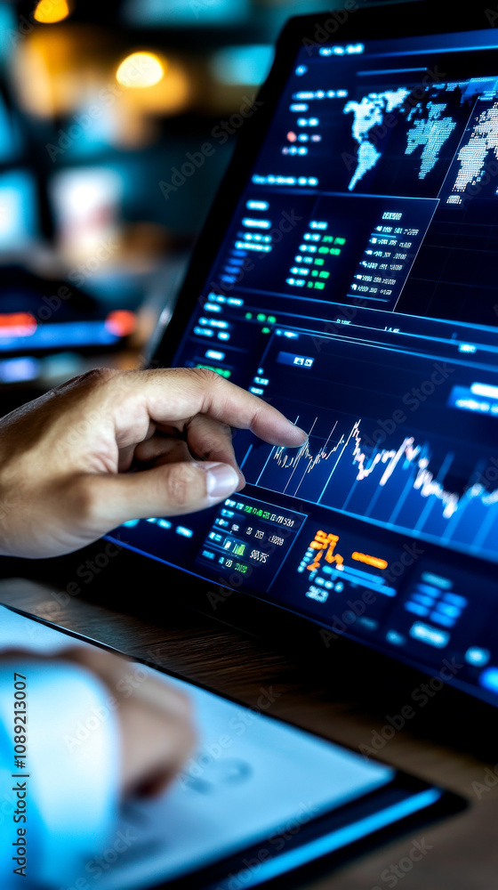 A person analyzes financial data on a laptop screen, showcasing graphs, charts, and metrics in a dark-themed digital workspace. A person analyzes financial data on a laptop screen, showcasing graphs, charts, and metrics in a dark-themed digital workspace.