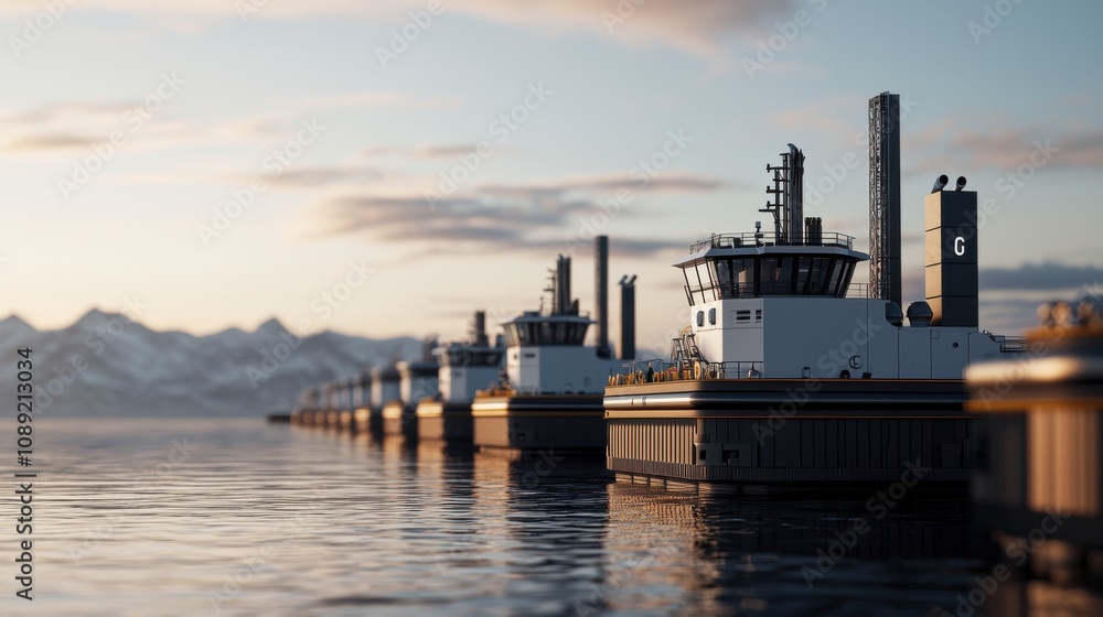 Eco-friendly shipping revolution docked vessels coastal port maritime environment innovative concept Eco-friendly shipping revolution docked vessels coastal port maritime environment innovative concept