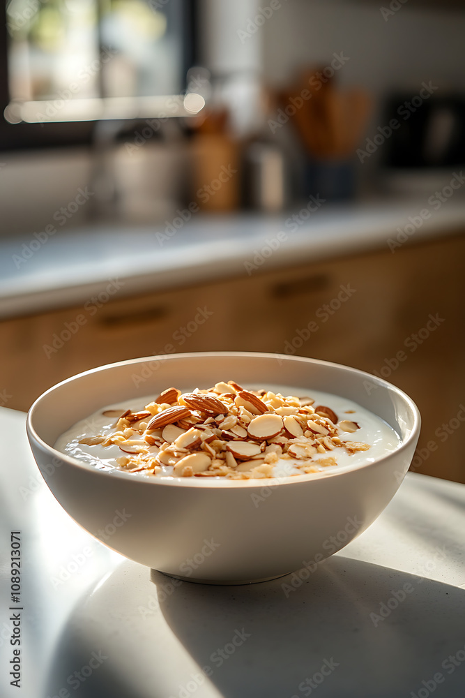 bowl of creamy yogurt topped with sliced almonds, set in bright kitchen. warm sunlight enhances inviting texture and freshness of dish, perfect for healthy snack bowl of creamy yogurt topped with sliced almonds, set in bright kitchen. warm sunlight enhances inviting texture and freshness of dish, perfect for healthy snack