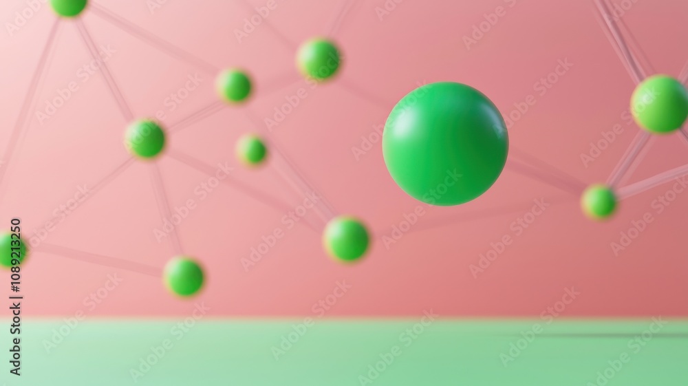 A vibrant abstract design featuring green spheres connected by lines against a soft pink background, suggesting a network or molecular structure. A vibrant abstract design featuring green spheres connected by lines against a soft pink background, suggesting a network or molecular structure.