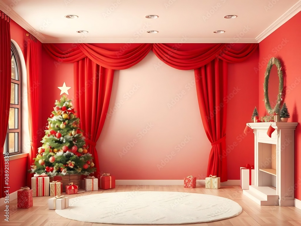 Red Room with Christmas Tree and Fireplace for Holiday Celebrations Red Room with Christmas Tree and Fireplace for Holiday Celebrations