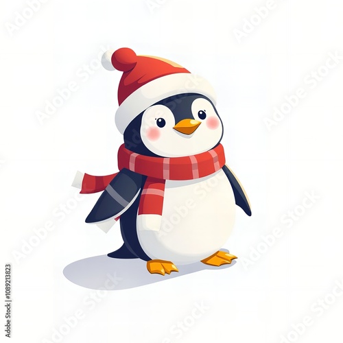 cartoon penguin wearing a red and white hat and scarf.