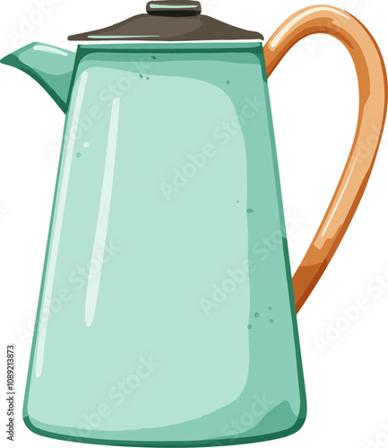 Vintage teal kettle with a wooden handle cartoon isolated on transparent background. Vector illustration.