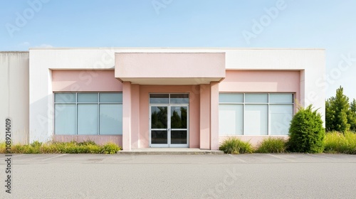 leasing asset valuation concept, Modern building facade with a pink entrance, large windows, and greenery, set against a clear sky.