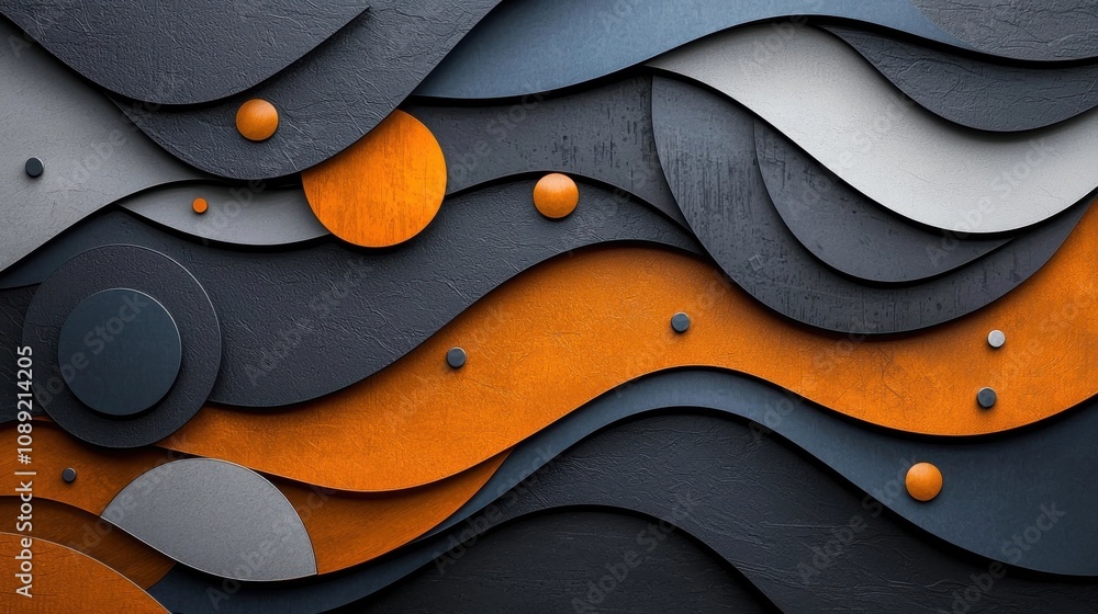 Obraz premium Mesmerizing abstract background with cascading wavy layers of geometric shapes in shades of orange and charcoal gray Fluid dynamic composition with a minimalist contemporary feel