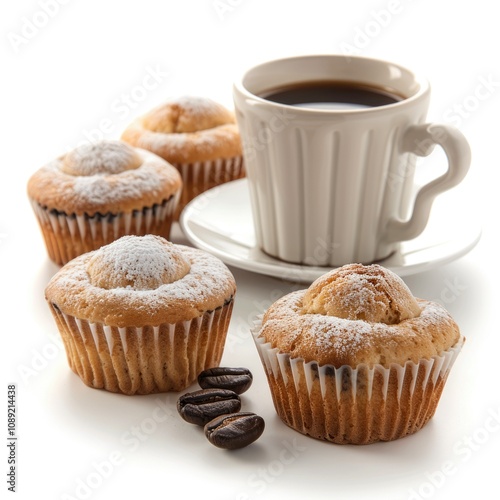 Magdalenas the typical spanish plain muffins and coffee cup isolated on a white background.