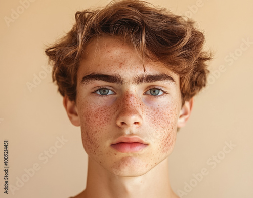 Portrait of a young man with acne on his face on a beige background. photo