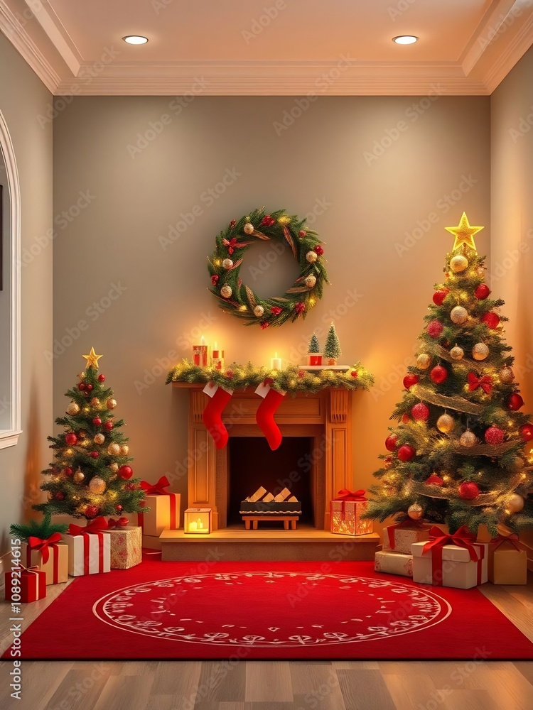 Cozy Christmas Living Room with Fireplace, Decorated Tree and Wreath Cozy Christmas Living Room with Fireplace, Decorated Tree and Wreath