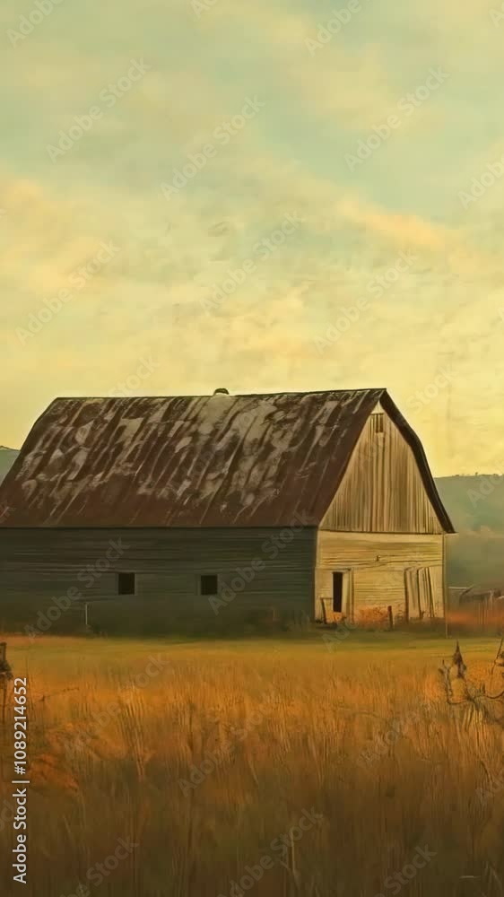 Vast American Field Landscape with Old Wooden Barn under Dramatic Sky new beautiful stock video footage animation AI Vast American Field Landscape with Old Wooden Barn under Dramatic Sky new beautiful stock video footage animation AI