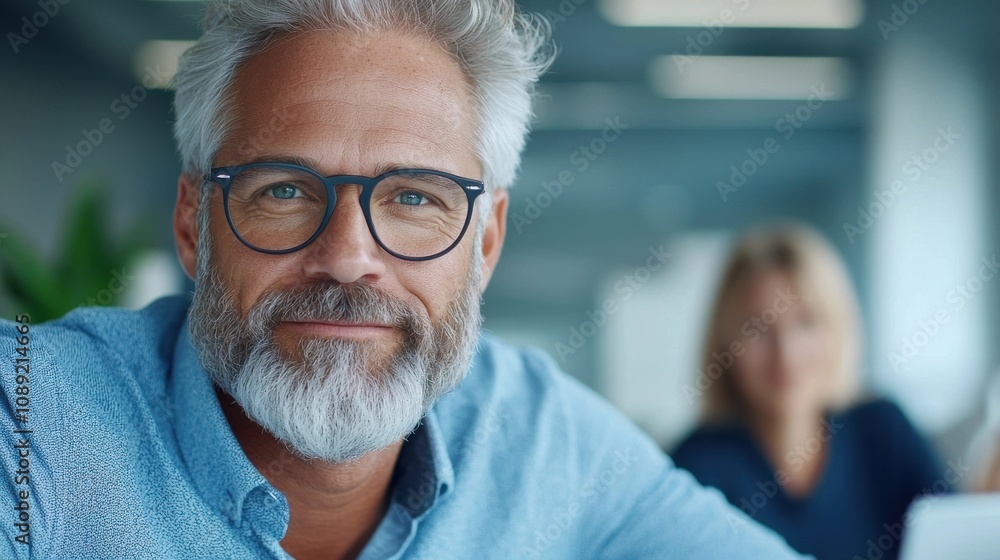 Portrait of a confident gray haired mature businessman wearing eyeglasses and smiling warmly while seated in a modern bright office environment He projects an air of authority expertise and success Portrait of a confident gray haired mature businessman wearing eyeglasses and smiling warmly while seated in a modern bright office environment He projects an air of authority expertise and success