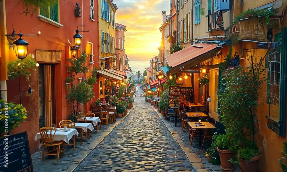 Charming cobblestone street lined with vibrant shops at sunset. Charming cobblestone street lined with vibrant shops at sunset.