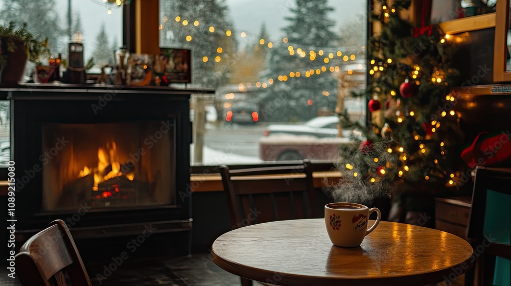 A cozy coffee shop corner with a crackling fireplace, holiday-themed decor, and Christmas lights twinkling. A steaming cup of coffee rests on a wooden table. A cozy coffee shop corner with a crackling fireplace, holiday-themed decor, and Christmas lights twinkling. A steaming cup of coffee rests on a wooden table.