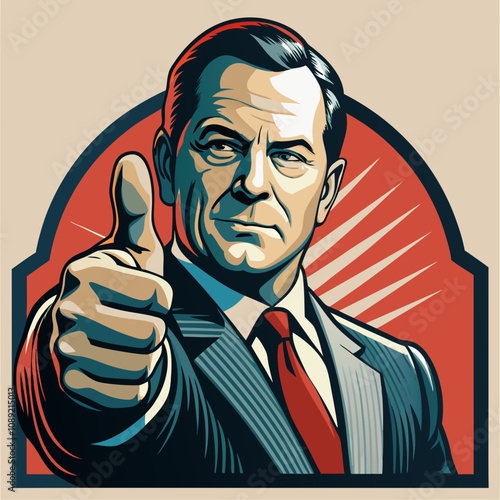 Thumbs up gesture with a confident man in a suit and tie