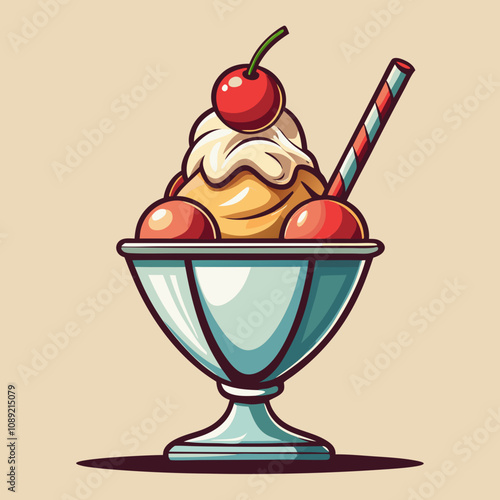 Delicious ice cream sundae with cherries and a straw in a bowl