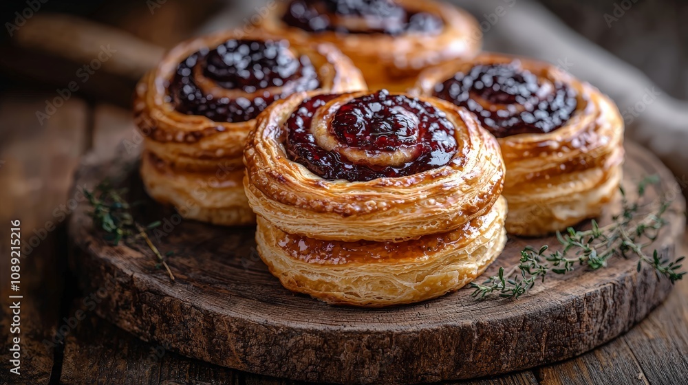 Sweet Danishes with Fruit Fillings on Rustic Board Sweet Danishes with Fruit Fillings on Rustic Board