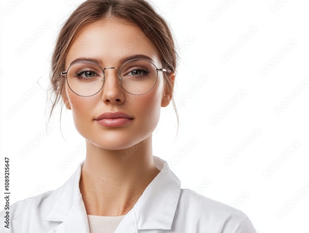 Portrait of a scientist, wearing a lab coat with glasses, light and natural makeup, focused and intelligent expression, white background Portrait of a scientist, wearing a lab coat with glasses, light and natural makeup, focused and intelligent expression, white background