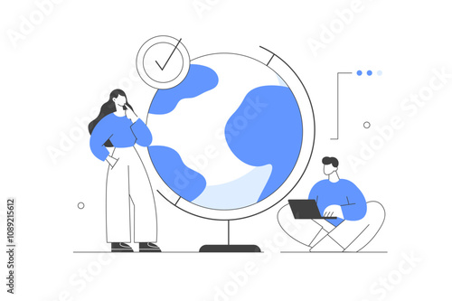 Education concept, school. Studying a globe discussing scientific and sharing information. Students studying lessons, science and globe. Flat Cartoon Vector Illustration, icon. Stylish Modern