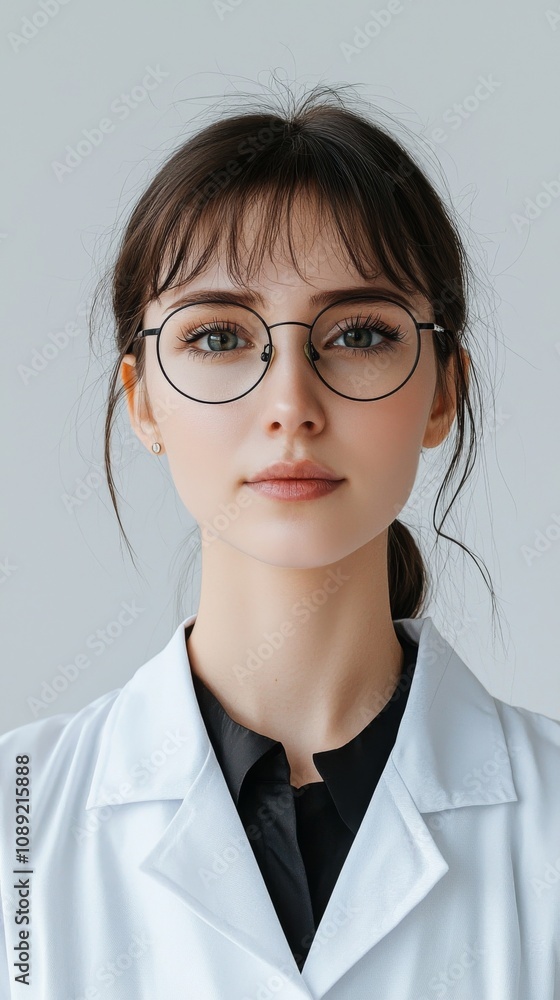 Portrait of a scientist, wearing a lab coat with glasses, light and natural makeup, focused and intelligent expression, white background Portrait of a scientist, wearing a lab coat with glasses, light and natural makeup, focused and intelligent expression, white background