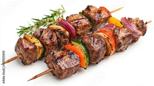 Two skewers of grilled beef and vegetables, including red onion, green and red peppers and zucchini, with rosemary garnish on a white background.