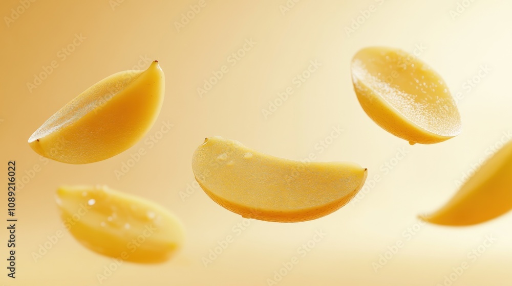 Floating yellow fruit slices against a soft gradient background. Floating yellow fruit slices against a soft gradient background.