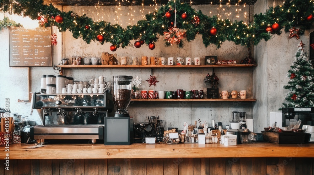 A cozy coffee shop with Christmas garlands hanging from the counter and a stack of holiday-themed mugs on display. A cozy coffee shop with Christmas garlands hanging from the counter and a stack of holiday-themed mugs on display.
