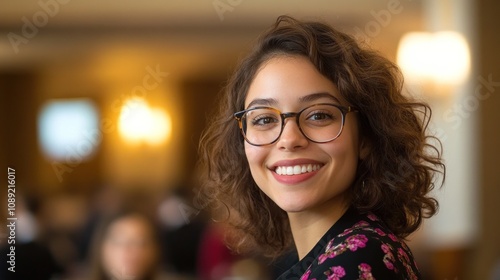 Confident businesswoman at conference, glasses, engaging with colleagues, professional setting.