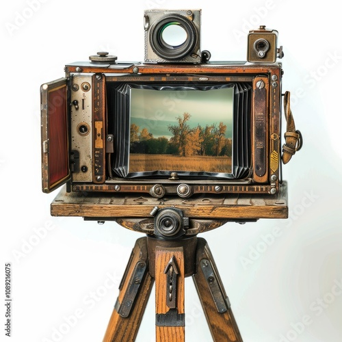 Vintage camera on tripod capturing landscape outdoors. photo