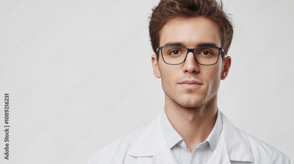 Portrait of a scientist, wearing a lab coat with glasses, light and natural makeup, focused and intelligent expression, white background Portrait of a scientist, wearing a lab coat with glasses, light and natural makeup, focused and intelligent expression, white background