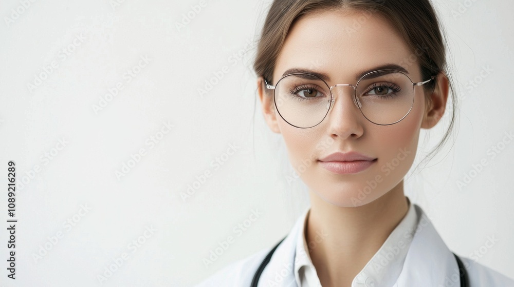 Portrait of a scientist, wearing a lab coat with glasses, light and natural makeup, focused and intelligent expression, white background Portrait of a scientist, wearing a lab coat with glasses, light and natural makeup, focused and intelligent expression, white background