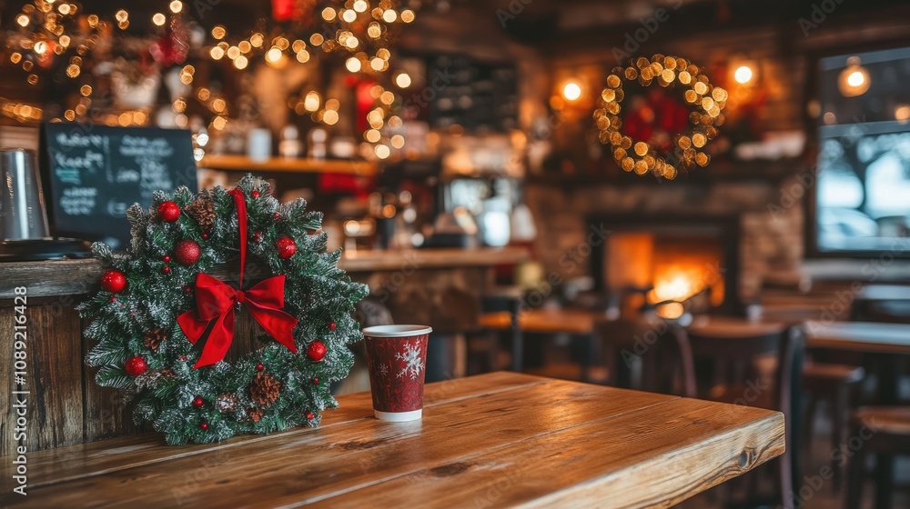 A cozy corner of a coffee shop with a wooden table, a holiday wreath on the wall, and a glowing fireplace in the background. A cozy corner of a coffee shop with a wooden table, a holiday wreath on the wall, and a glowing fireplace in the background.
