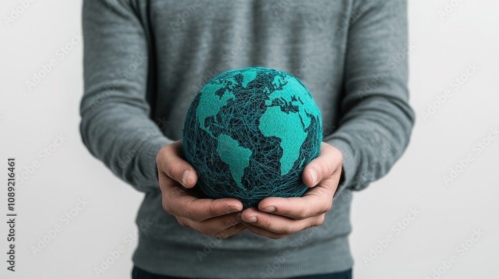 Person Holding a Textured Globe Symbolizing Global Connectivity and Sustainability in an Artistic Representation of Earth in a Minimalist Style Person Holding a Textured Globe Symbolizing Global Connectivity and Sustainability in an Artistic Representation of Earth in a Minimalist Style