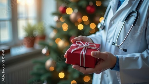 A female doctor in a white coat holds a gift box with a red bow in her hands against the background of a beautifully decorated Christmas tree. Christmas and New Year medical banner concept.