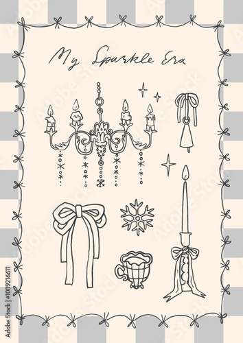 Winter whimsical hand drawn card, poster design. Coquette chandelier, bows, candle, tea cup on soft striped background. Elements with charming and elegance. Wedding, Christmas party, diner invitation