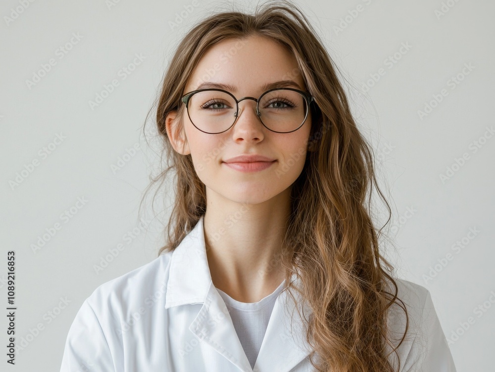 Portrait of a scientist, wearing a lab coat with glasses, light and natural makeup, focused and intelligent expression, white background Portrait of a scientist, wearing a lab coat with glasses, light and natural makeup, focused and intelligent expression, white background
