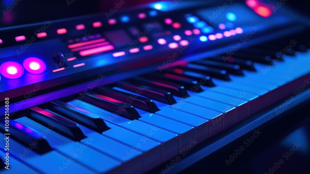A close-up of a colorful keyboard with illuminated buttons and keys, designed for music creation. A close-up of a colorful keyboard with illuminated buttons and keys, designed for music creation.