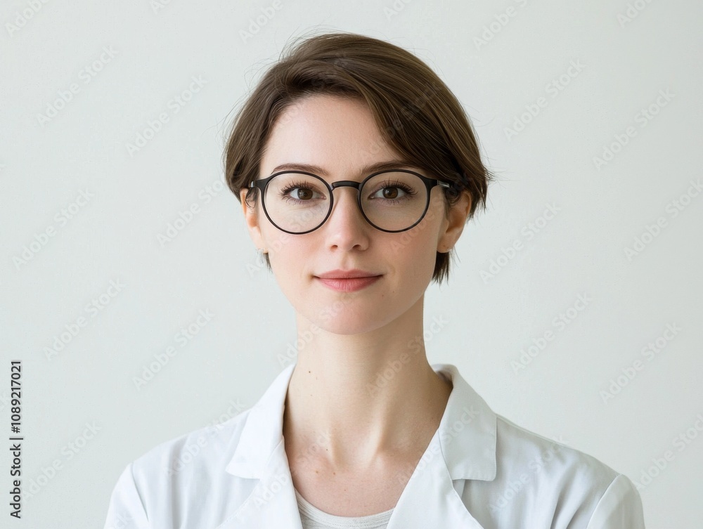 Portrait of a scientist, wearing a lab coat with glasses, light and natural makeup, focused and intelligent expression, white background Portrait of a scientist, wearing a lab coat with glasses, light and natural makeup, focused and intelligent expression, white background