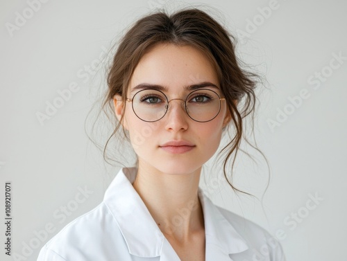 Portrait of a scientist, wearing a lab coat with glasses, light and natural makeup, focused and intelligent expression, white background