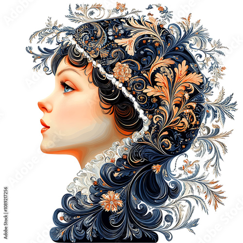 Elegant profile of woman adorned with intricate floral patterns, showcasing blend of Russian Palekh style and vibrant colors, evoking sense of beauty and artistry photo