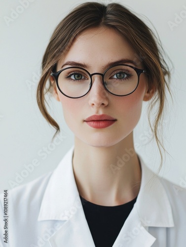 Portrait of a scientist, wearing a lab coat with glasses, light and natural makeup, focused and intelligent expression, white background