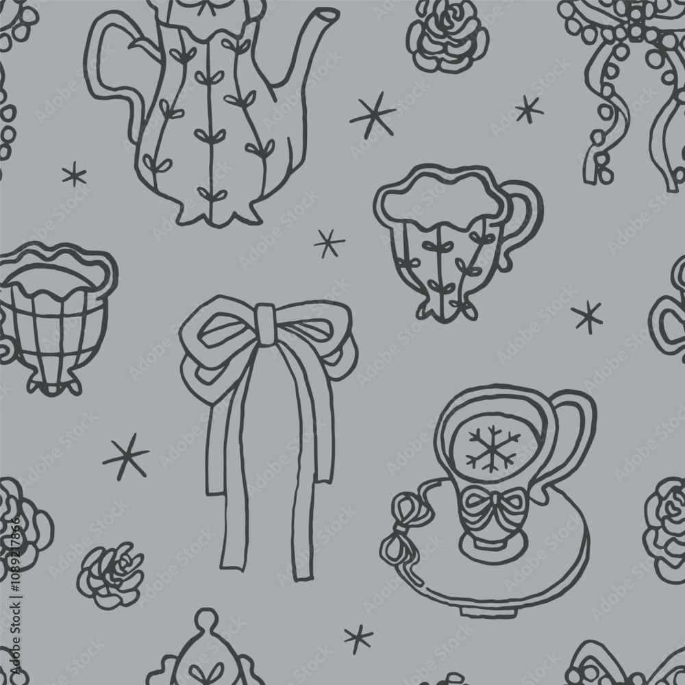 Obraz premium Vintage Winter coquette seamless pattern line art, whimsical style. Retro Christmas holiday wrapping paper design. Teapot, tea cup, bows, pane cones, snowflakes. Soft gray backdrop. Calming aesthetic.