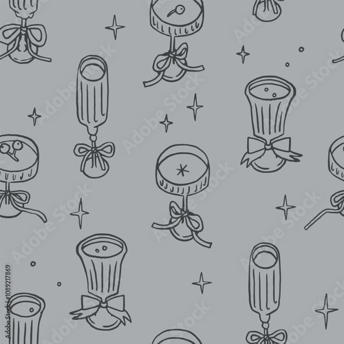 Vintage festive coquette seamless pattern, line art whimsical style. Retro holiday wrapping paper design. Glassware with ribbons, stars. Champagne, wine drinks and glasses Christmas, new year party