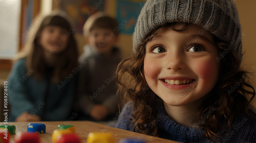 Smiling girl in a grey beanie with colorful toys on a table in soft natural lighting Smiling girl in a grey beanie with colorful toys on a table in soft natural lighting