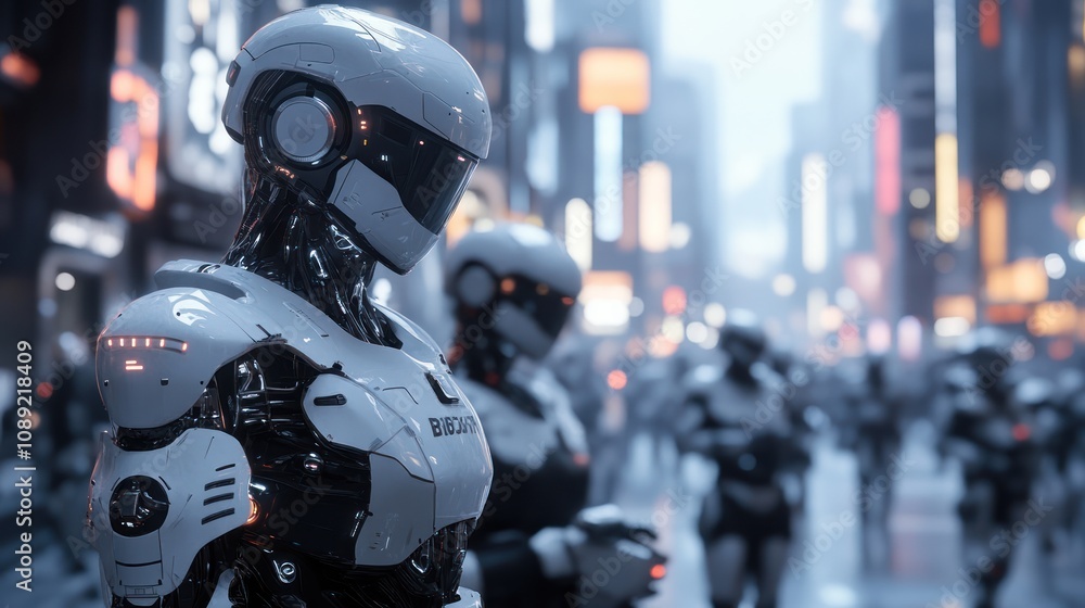 Futuristic city scene featuring humanoid robots in a bustling urban environment. Futuristic city scene featuring humanoid robots in a bustling urban environment.