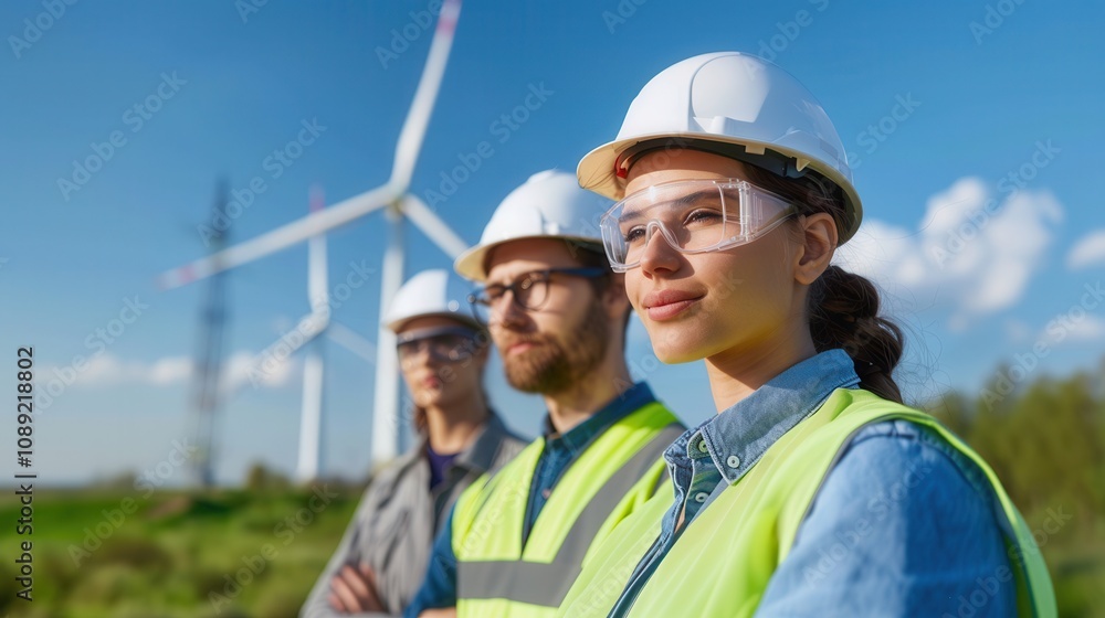 Group of engineers in safety helmets and vests at a wind farm, inspecting wind turbines and supporting renewable energy initiatives. Group of engineers in safety helmets and vests at a wind farm, inspecting wind turbines and supporting renewable energy initiatives.