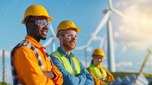 Diverse group of engineers wearing helmets and safety vests at a wind farm, overseeing wind turbine operations to promote renewable energy.