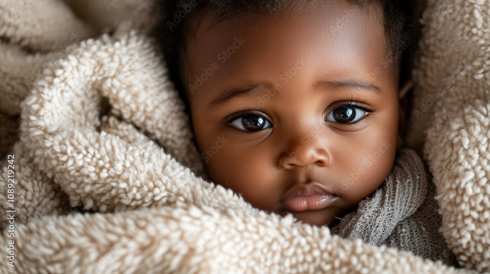 Close-up of a baby wrapped in a cozy blanket symbolizing warmth, comfort, and innocence Close-up of a baby wrapped in a cozy blanket symbolizing warmth, comfort, and innocence