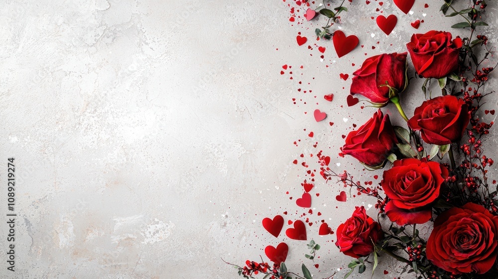 Valentine's Day card with red roses and heart confetti