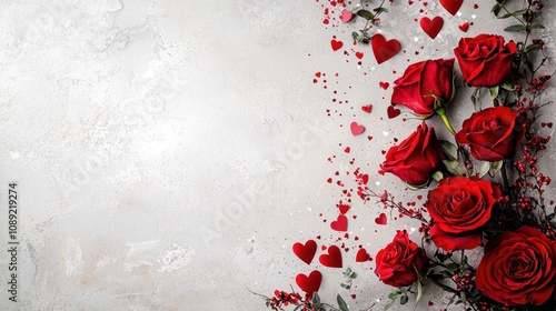 Obraz na płótnie Valentine's Day card with red roses and heart confetti w salonie