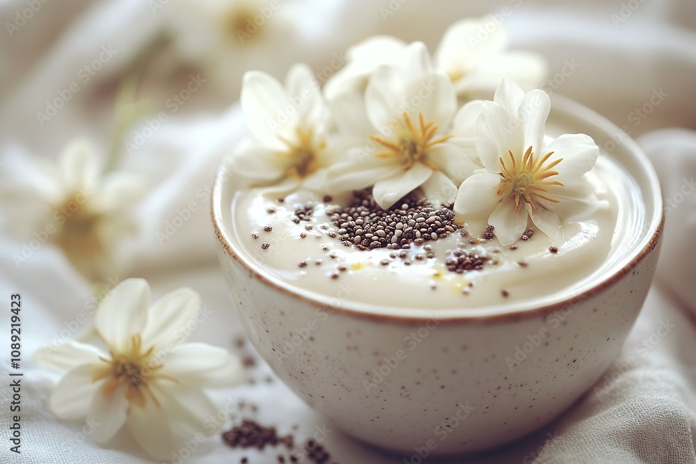 Wholesome yogurt bowl with fresh flowers cozy kitchen food photography natural light healthy living concept Wholesome yogurt bowl with fresh flowers cozy kitchen food photography natural light healthy living concept
