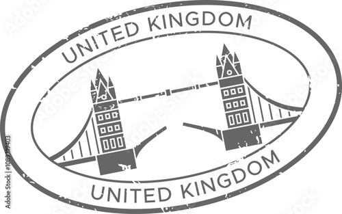 Grey oval passport stamp from the uk featuring tower bridge, perfect for travel designs evoking vacation vibes.